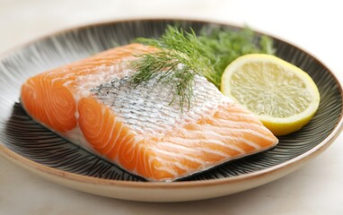 Fresh salmon fillet, lemon, dill, plate. Healthy meal prep.