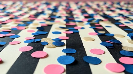 Obraz premium Colorful confetti scattered on black and white striped background.