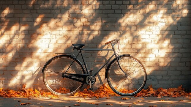 Vintage bicycle leaning against brick wall, autumn leaves.