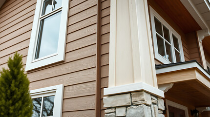 Close-up view of a house exterior featuring brown siding, white-framed windows, and a stone-accented column.  A small evergreen tree is partially visible to the left.