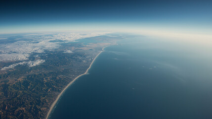 Coastal landscape viewed from high altitude, showing a coastline, ocean, mountains, and clouds.