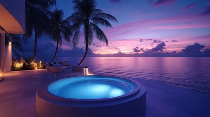 Obraz premium A romantic hot tub awaits on the patio, offering a serene ocean view perfect for a cozy Valentine's Day getaway.