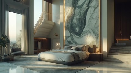 A romantic bedroom setting featuring a large bed adorned with soft linens and a beautiful painting, perfect for a cozy Valentine's Day getaway.