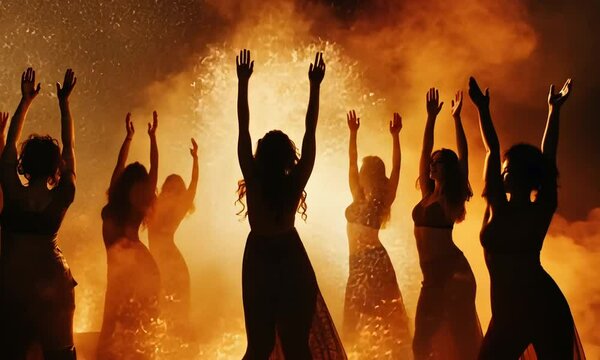 Fiery Celebration: Women Dancing in a Golden Blaze