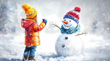 Kids with rosy cheeks building a snowman in a serene snowy meadow with soft skies, style of a whimsical drawing