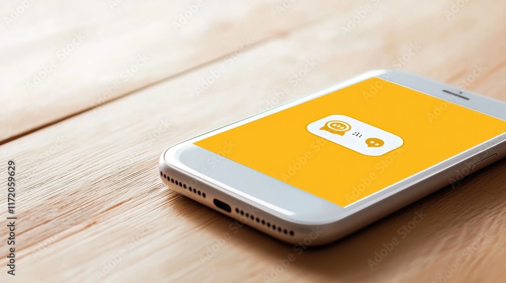 Poster messaging app interface on smartphone home office digital technology minimalist environment close-up