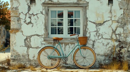 Vintage bicycle parked beside a weathered, light-colored building with a window.