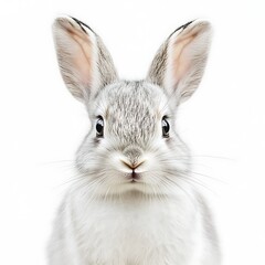 Obraz premium Cute grey rabbit portrait, white background, Easter, pet.