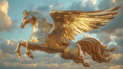 Majestic Golden Pegasus Soaring Through a Cloudy Sky at Sunset with Radiant Wings and Glowing Mane