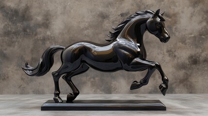 Elegant Black Horse Sculpture on Display Against a Textured Background in a Studio Setting