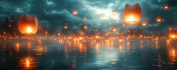 Enchanted Lake Night: Sky Lanterns Dance on Water