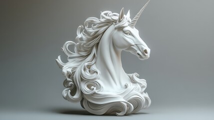 Majestic White Unicorn Sculpture with Flowing Mane on a Neutral Background Capturing Elegance and Fantasy