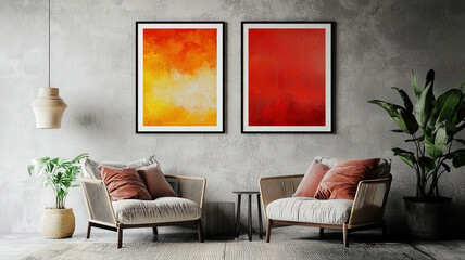 A framed poster mockup hanging on a sleek modern living room wall, ideal for showcasing custom art or typography. The clean and stylish interior enhances the design’s visual appeal.