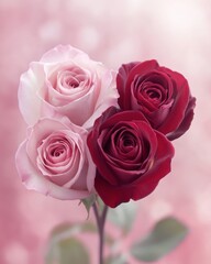 Obraz premium A delicate arrangement of three vibrant roses gracefully placed in a charming vase on a table, perfect for a romantic Valentine's Day ambiance.