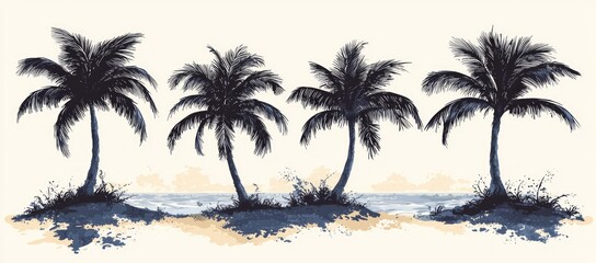 Obraz premium Four palm trees on a tropical beach at sunset.