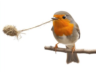 A robin perched on a branch, holding a ball of twine, likely for nest building.