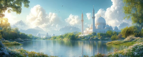 Serene Mosque by the Lake: A Digital Painting of Tranquility