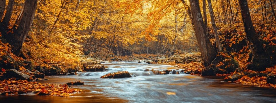 A serene view of a tranquil river flowing through a dense autumn forest with golden leaves gently falling, Autumn river scene, Peaceful style