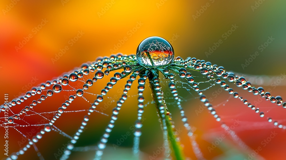 Poster dewdrop on spiderweb with colorful bokeh background.