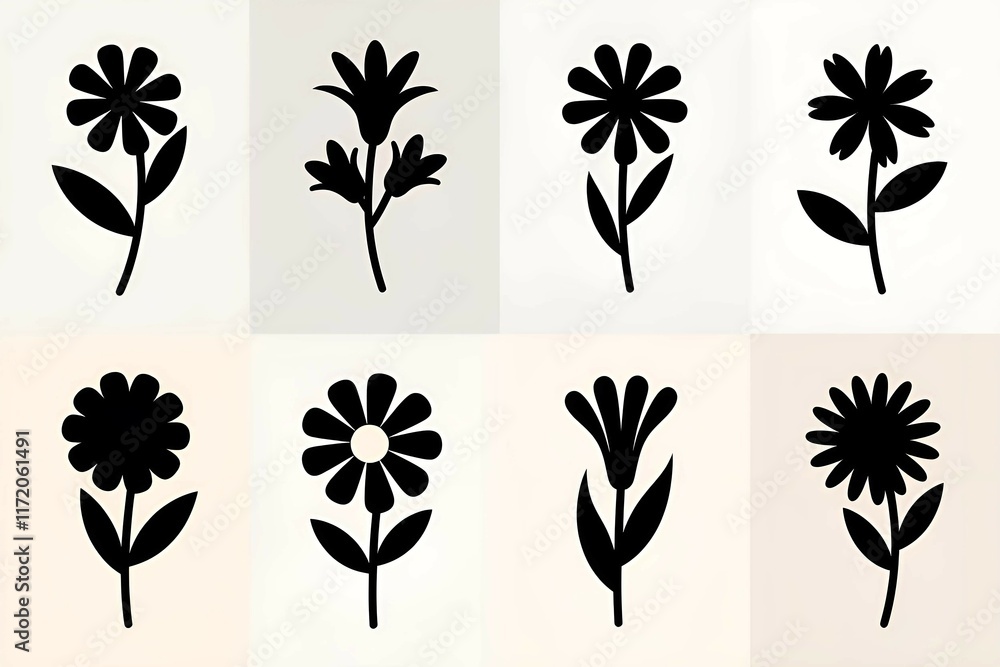 Poster floral icons in black with simple patterns on a light background for decorative and design purposes