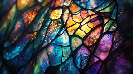 A vibrant stained glass design featuring colorful, abstract patterns and textures.