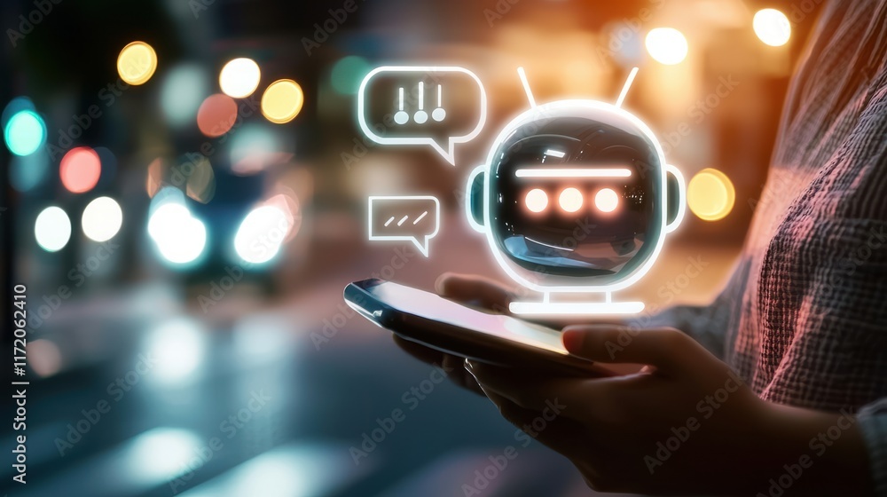 Poster engaging chatbot interaction demonstrated on mobile device urban night setting digital communication