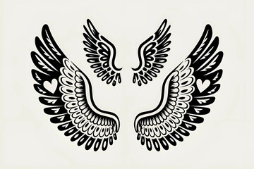 Fototapeta premium artistic black angel wings with intricate patterns and heart symbols on a white background