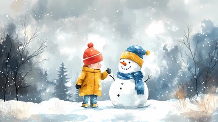 Kids happily sculpting snowmen in a quiet snowy park, gentle snowfall in the background, style of classic children’s art