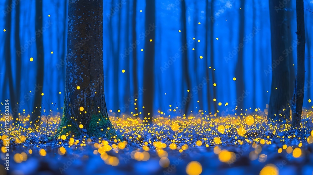 Poster enchanting twilight forest scene with fireflies illuminating the forest floor and trees.