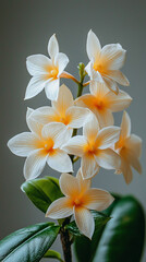 A close-up of a cluster of delicate white flowers with orange centers and green leaves.