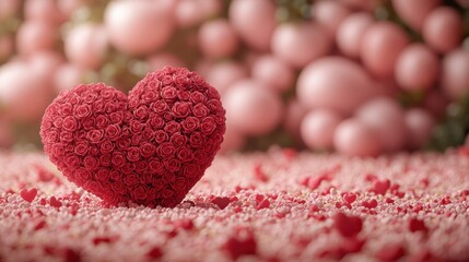 Obraz premium A stunning heart crafted from vibrant roses surrounded by a colorful array of flowers, symbolizing love and romance on Valentine's Day.