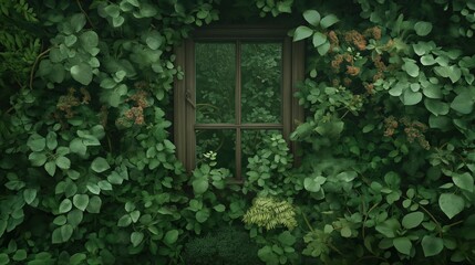 Tranquil Window Surrounded by Lush Greenery