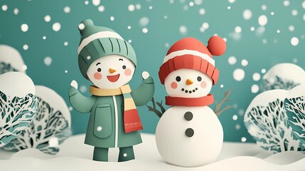 Children playing in the snow building a cheerful snowman surrounded by a wintry landscape, snowy trees, style of storybook illustration