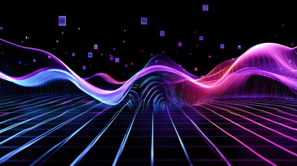 A futuristic 3D line chart with glowing, fluid lines dynamically rising above a reflective black grid, surrounded by floating data points, creating a high-tech, data-driven visualization.