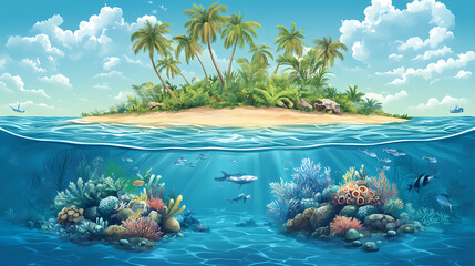 Above the water is a beautiful tropical island with large palm trees, under the water is a hyperdetailed tidepool and coral reef,gnerative ai. Tidepool. Illustration