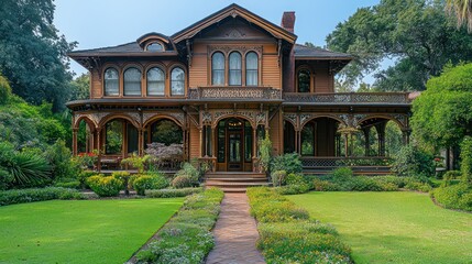 Fototapeta premium Grand Victorian Mansion on a Lush Green Lawn