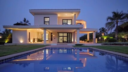 Modern villa with pool at night, illuminated by warm exterior lights. Sleek architecture complemented by serene pool reflections and landscape, creating a luxurious, tranquil ambiance..