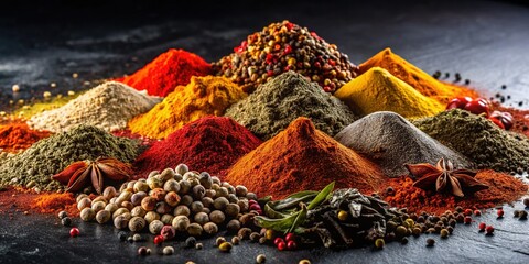 Aromatic Ground Spices Pile: Close-Up Overhead View on Black Background - High-Resolution Stock Photo