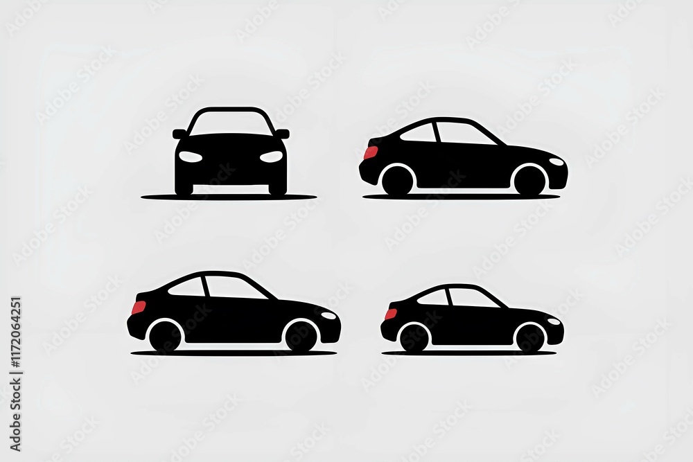 Poster simple and minimalist car icon pattern in black on white background featuring different angles moder