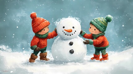 Children playing in the snow building a cheerful snowman surrounded by a wintry landscape, snowy trees, style of storybook illustration
