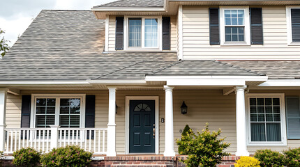 Obraz premium Two-story beige house with gray roof, white columns, and dark-colored front door. Large windows are visible, some with black shutters. Landscaping includes low shrubs.