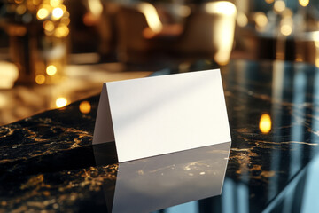 Blank white card standing on a polished dark marble surface.  A blurred background suggests a luxurious restaurant or hotel setting.