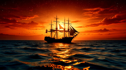 Fototapeta premium Orange color abstract background ocean with sunset and ship, clouds and stars, blurred 