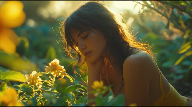Young woman reflecting in a sunlit garden, promoting mindfulness and wellness