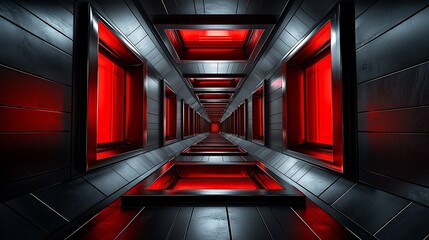 Futuristic red-lit corridor with dark metallic walls and glowing windows.