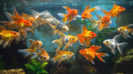 A vibrant underwater scene featuring a school of goldfish swimming in an aquarium.