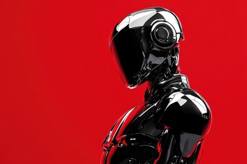 Sleek Black Robot Stands Against Red Background