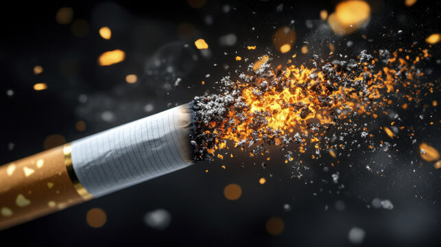 Cigarette ash scattering into air, highlighting harmful effects of smoking. glowing ember and particles create dramatic visual impact