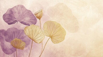 Elegant lotus leaves drawn in gold on a soft gradient canvas of lavender and cream. 