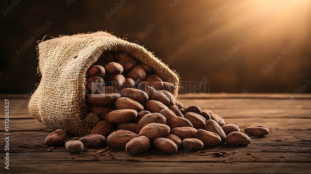 Aufkleber a rustic scene of a burlap sack spilling raw cocoa beans on a wooden table with soft warm lighting h